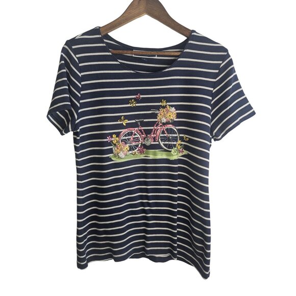Karen Scott Striped Cotton Tee With Floral Bike Embroidery Navy/White Size M - Picture 1 of 8
